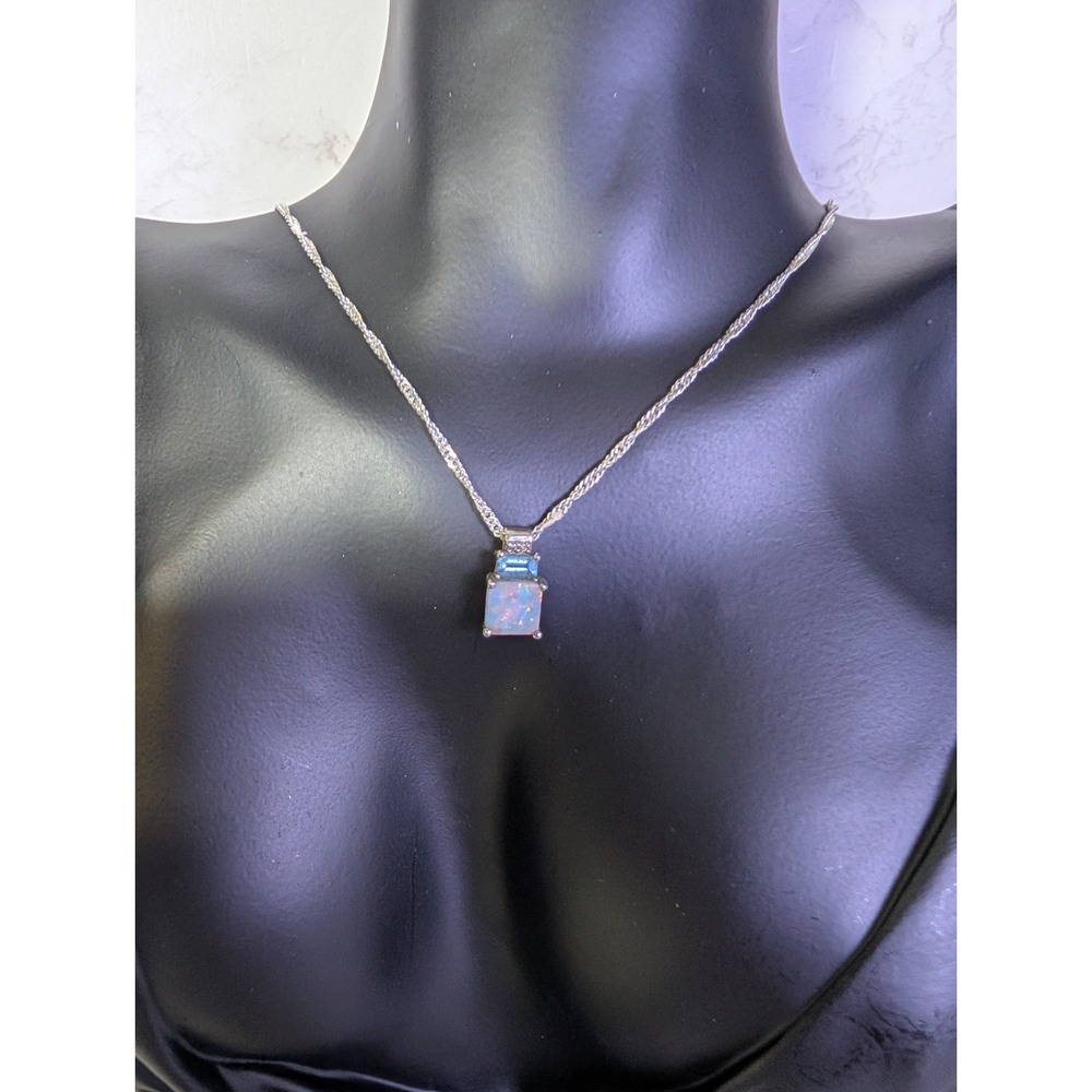 Estate Vintage EMA 10k White Gold Lab Opal Diamond Pendant with Sterling Chain